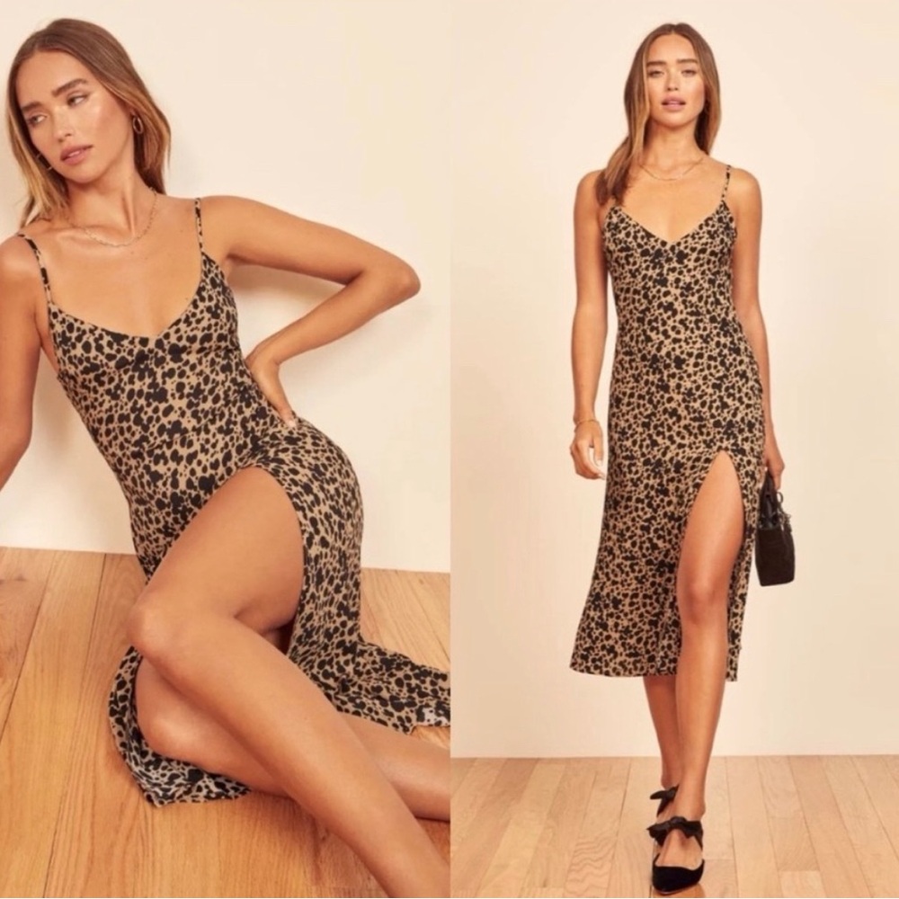 Reformation Crimini Blitz Cheetah Animal Spotted Cami Slit Midi Dress Size 6
